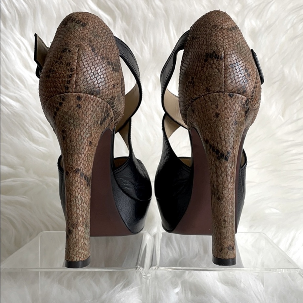 Black Tan Python Leather Platform Strap Heels Sz 7 - image 5